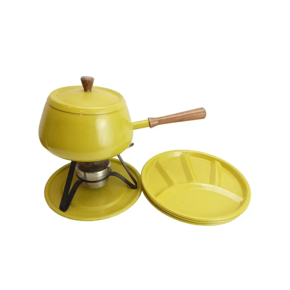Vintage MCM Japan Yellow Aluminum Fondue Pot Set Wood Handles Plates
